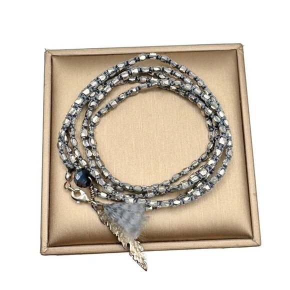 NWT Silver Beaded Braided Multi Wrap Feather Charm Bracelet - Picture 6 of 10